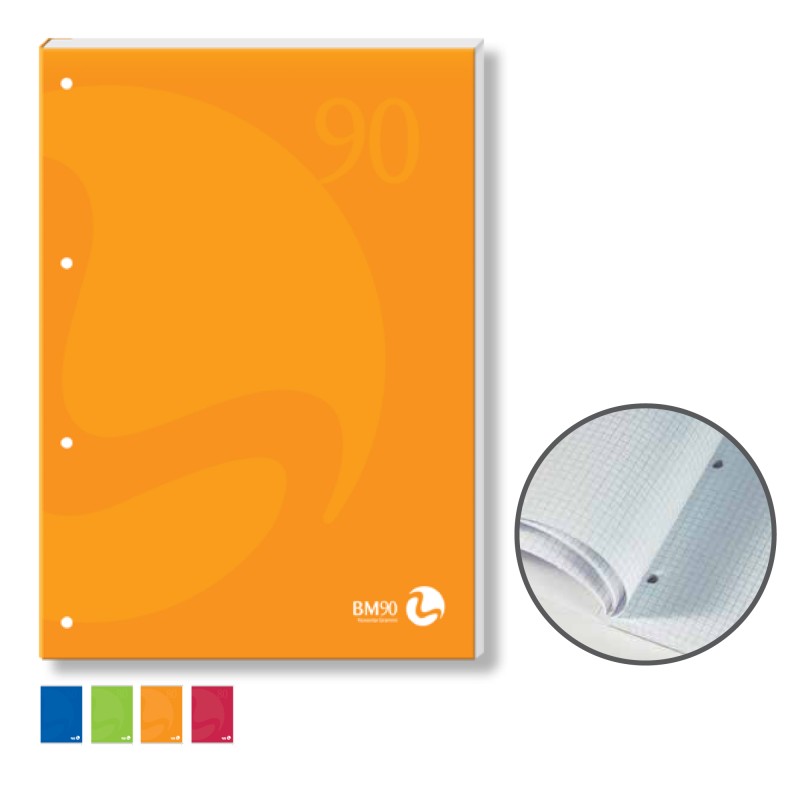 Blocco notes BM90 A4 collato lato lungo quadretti 4mm 50fg 90gr 4fori copertina 250gr BM