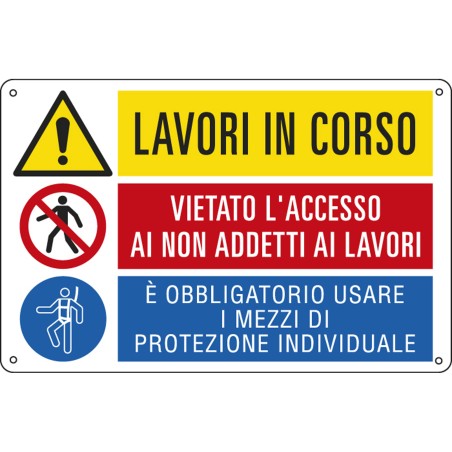 Cartello segnalatore multisimbolo 50x33,3 cm LAVORI IN CORSO/VIETATO L'ACCESSO…/E' OBBLIGATORIO… alluminio Cartelli Segnalatori