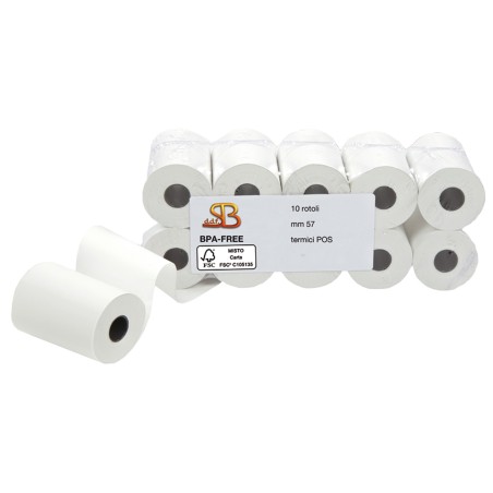 Rotolo per POS e carte di credito 57 mm x 30 m diametro esterno 50 mm anima 12 mm 55 g carta termica BPA free Sabacart 10 pezzi