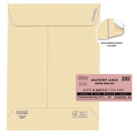 Busta a sacco Multi Strip Large soffietti laterali strip adesivo 19 x 26 x 4 cm 100 g carta riciclata FSC avana Pigna 250 pezzi