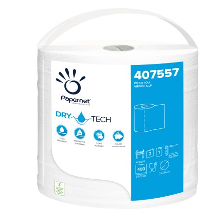 Bobina asciugatutto DryTech 2 veli diametro 25 cm 23,4 cm x 152 mt 400 strappi finitura liscia bianco Papernet