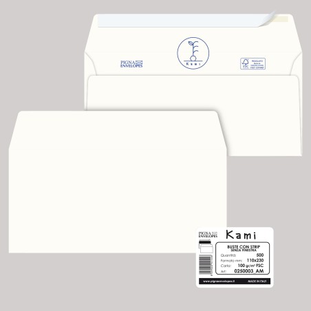 Busta a sacco Kami Strip senza finestra 11 x 23 cm 100 gr carta riciclata FSC® bianco Pigna conf. 500 pezzi