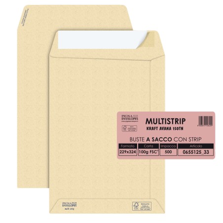 Busta a sacco Multi Strip strip adesivo 23 x 33 cm 100 gr carta riciclata FSC® avana Pigna conf. 500 pezzi