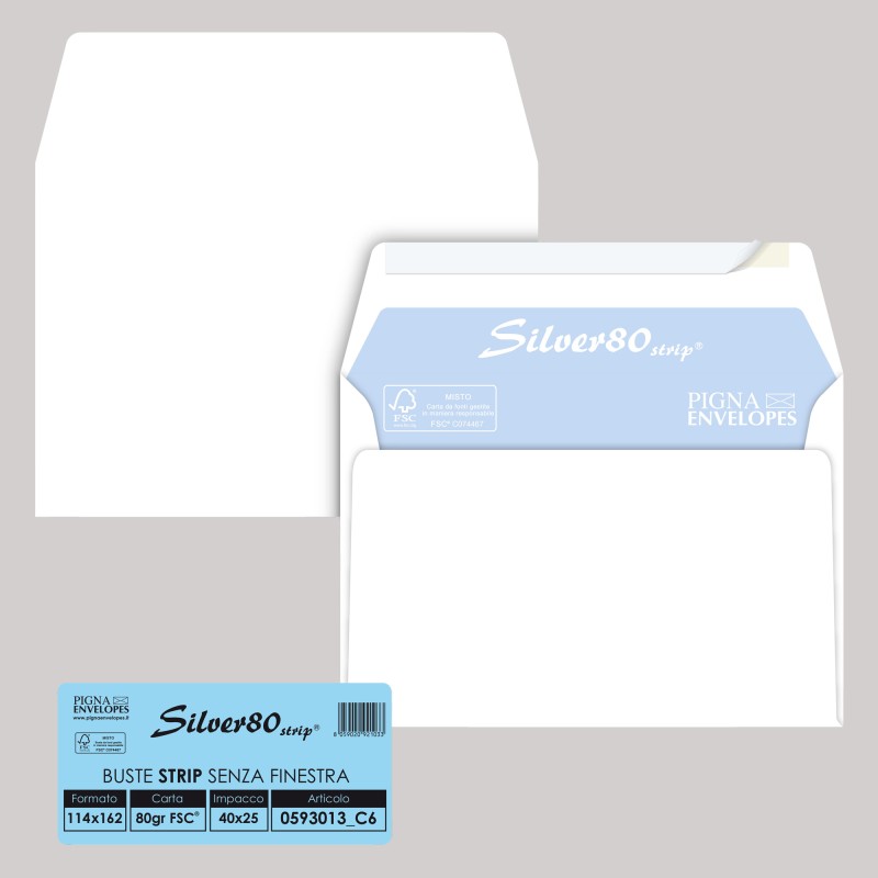 Busta Silver80 Strip FSC® internografata senza finestra 11,4 x 16,2 cm 80 gr bianco Pigna conf. 25 pezzi