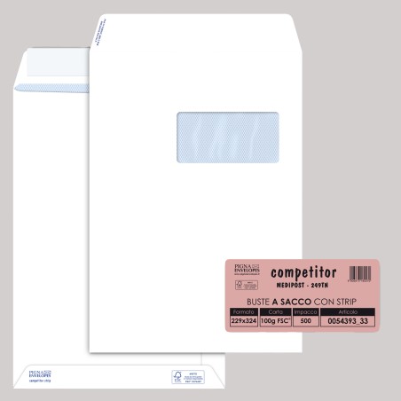 Busta a sacco Competitor FSC® strip adesivo con finestra 23 x 33 cm 100 gr bianco Pigna conf. 500 pezzi