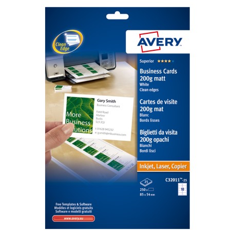 Biglietti da visita 85 x 54 mm 200 gr effetto opaco bianco Avery conf. 25 fogli da 10 biglietti
