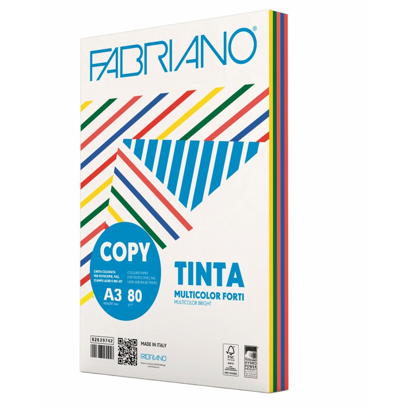 Carta Copy Tinta Multicolor A3 80 gr mix 5 colori forti Fabriano conf. 250 fogli