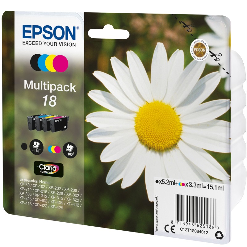 Epson Multipack Cartuccia ink 18 C/M/Y/K C13T18064012 C/M/Y 3,3ml cad K 5,2ml