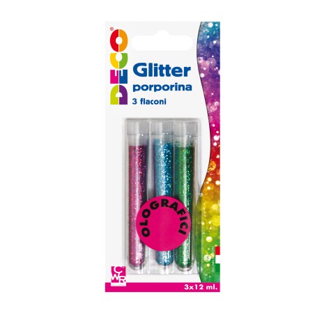 Glitter grana fine 12 ml colori assortiti olografici Deco blister 3 flaconi