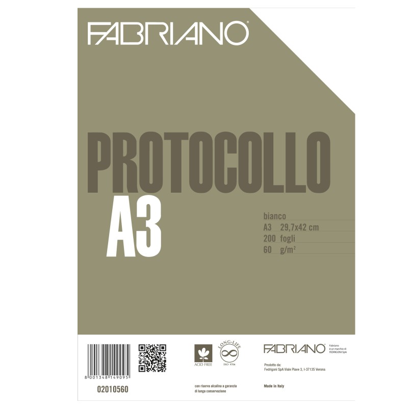 Foglio protocollo A4 senza rigatura 60 gr bianco Fabriano conf. 200 pezzi
