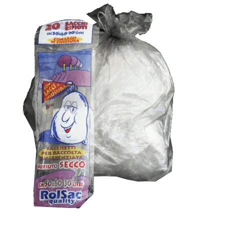 Sacchi 50 x 60 cm 30 L 16 micron trasparente neutro Rolsac conf. 20 pezzi