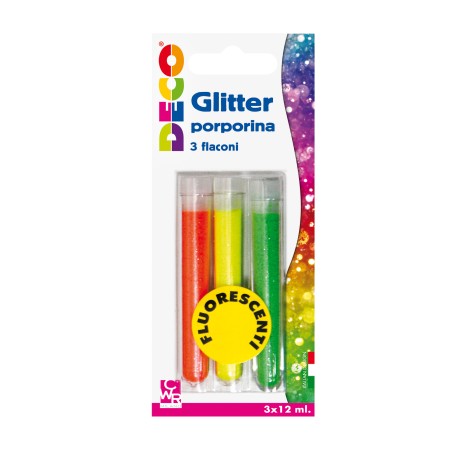 Glitter grana fine 12 ml colori assortiti fluo Deco blister 3 flaconi