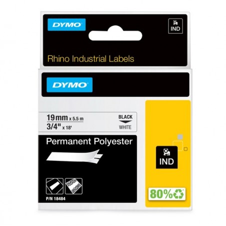 Nastro Rhino 18484 19 mm x 5,5 mt poliestere permanente nero/bianco Dymo