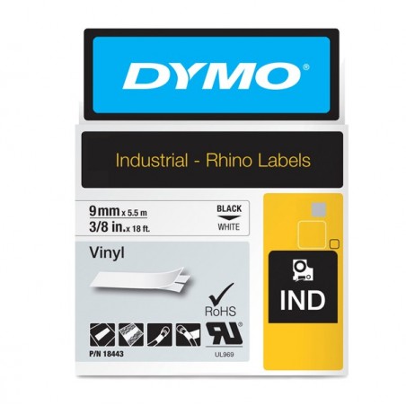 Nastro Rhino 18443 9 mm x 5,5 mt vinile nero/bianco Dymo