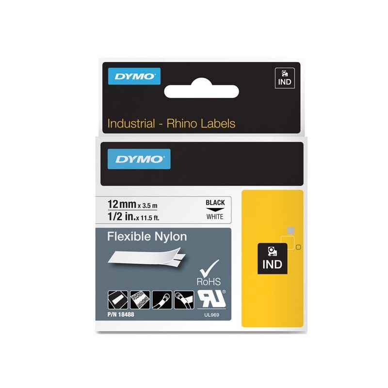 Nastro Rhino 18489 19 mm x 3,5 mt nylon flessibile nero/bianco Dymo