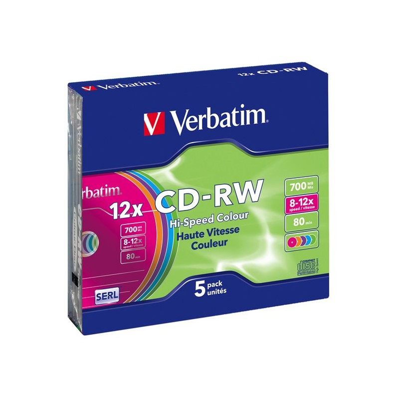 Verbatim Scatola 5 CDRW DataLife Plus slim case 8X10X serigrafato colorato 43167 700MB