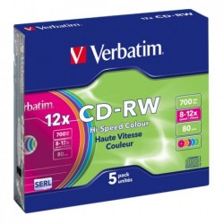 Verbatim Scatola 5 CDRW DataLife Plus slim case 8X10X serigrafato colorato 43167 700MB