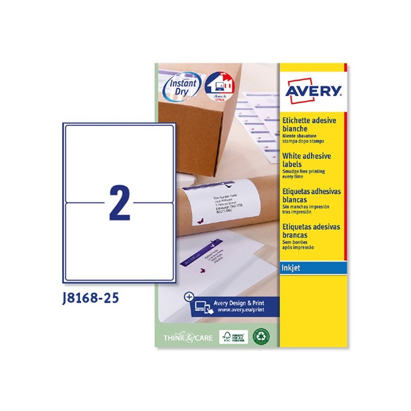 Etichette adesive J8168 in carta angoli arrotondati inkjet permanenti 199,6 x 143,5 mm 2 et/fg 25 fogli bianco Avery
