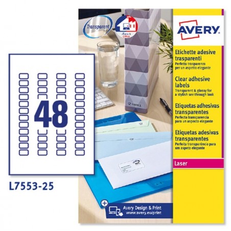 Etichette adesive L7553 in poliestere laser permanenti 22 x 12,7 mm 48 et/fg 25 fogli trasparente Avery