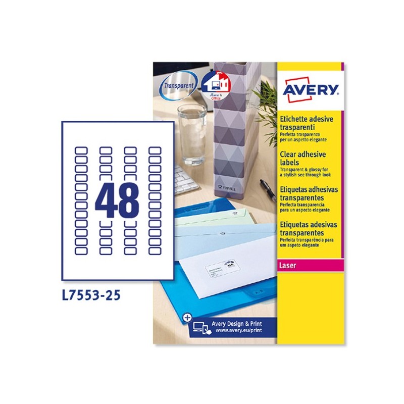Etichette adesive L7553 in poliestere laser permanenti 22 x 12,7 mm 48 et/fg 25 fogli trasparente Avery
