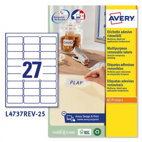 Etichette adesive L4737REV in carta angoli arrotondati rimovibili 63,5 x 29,6 mm 27 et/fg 25 fogli bianco Avery