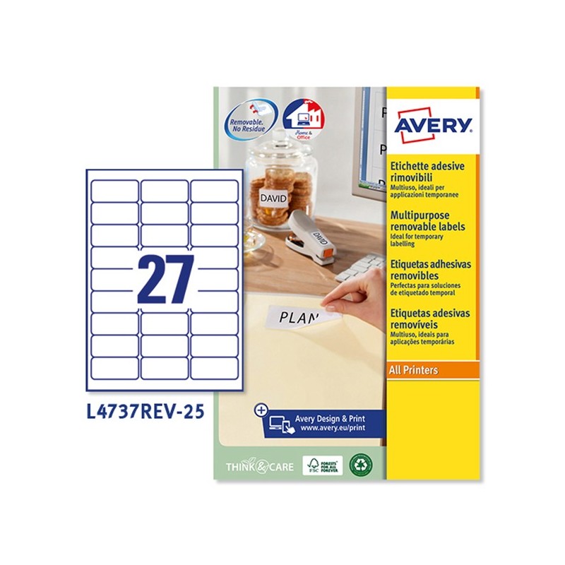 Etichette adesive L4737REV in carta angoli arrotondati rimovibili 63,5 x 29,6 mm 27 et/fg 25 fogli bianco Avery