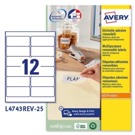 Etichette adesive L4743REV in carta angoli arrotondati rimovibili 99,1 x 42,3 mm 12 et/fg 25 fogli bianco Avery
