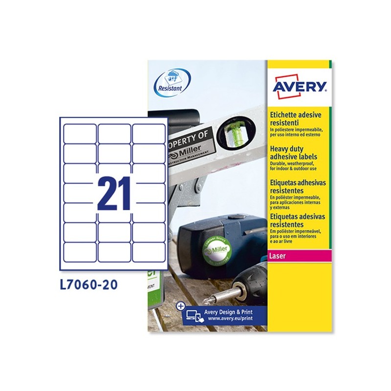 Etichette adesive L7060 in poliestere laser permanenti 63,5 x 38,1 mm 21 et/fg 20 fogli bianco Avery