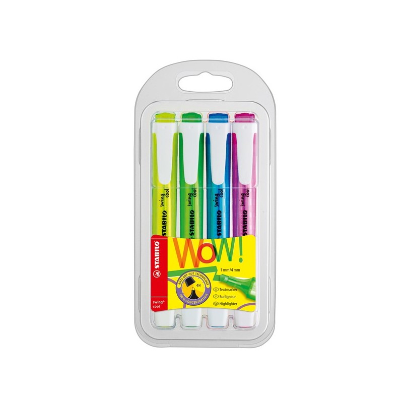 Evidenziatore Swing Cool punta a scalpello tratto da 1,0mm e 4,0mm astuccio 4 colori Stabilo