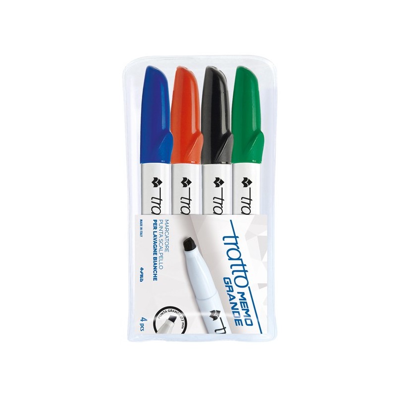 Pennarello a secco Tratto Memo per lavagne cancellabili punta a scalpello tratto 6,5mm astuccio 4 colori Tratto