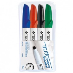 Pennarello a secco Tratto Memo per lavagne cancellabili punta a scalpello tratto 6,5mm astuccio 4 colori Tratto