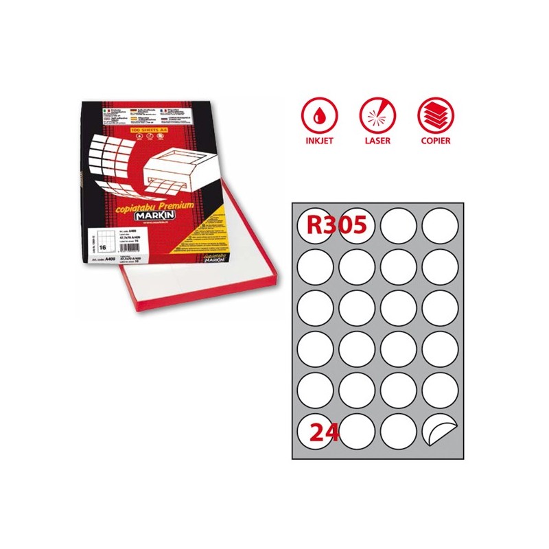 Etichette adesive tonde R/305 in carta permanenti diametro 40 mm 24 et/fg 100 fogli bianco Markin