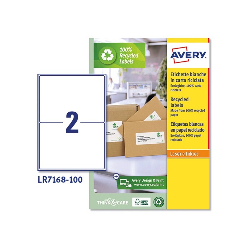 Etichette adesive in carta riciclata angoli arrotondati laser permanenti 199,6 x 143,5 mm 2 et/fg 100 fogli bianco Avery