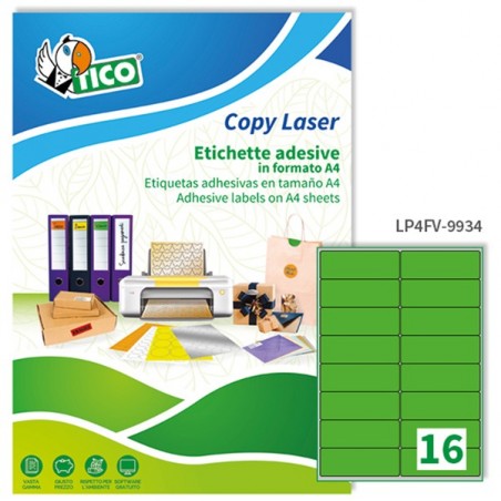 Etichette adesive LP4F in carta angoli arrotondati permanenti 99,1 x 34 mm 16 et/fg 70 fogli verde fluo Tico