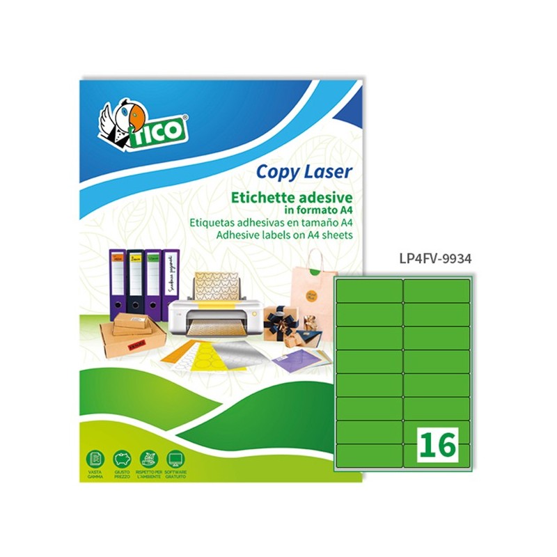 Etichette adesive LP4F in carta angoli arrotondati permanenti 99,1 x 34 mm 16 et/fg 70 fogli verde fluo Tico
