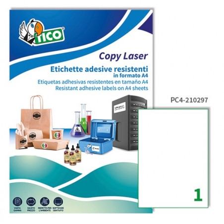Etichette adesive PC4 in poliestere laser permanenti 210 x 297 mm 1 et/fg 100 fogli trasparente Tico