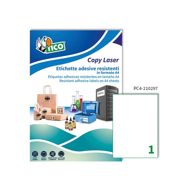 Etichette adesive PC4 in poliestere laser permanenti 210 x 297 mm 1 et/fg 100 fogli trasparente Tico