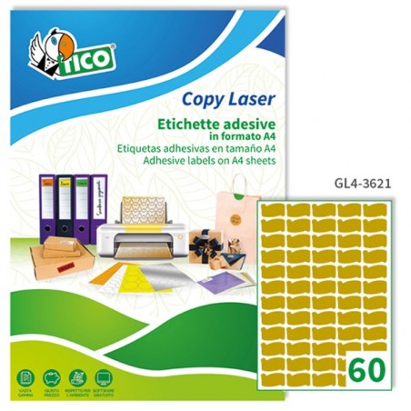 Etichette adesive sagomate GL4 in carta permanenti 36 x 21 mm 60 et/fg 100 fogli oro satinato Tico