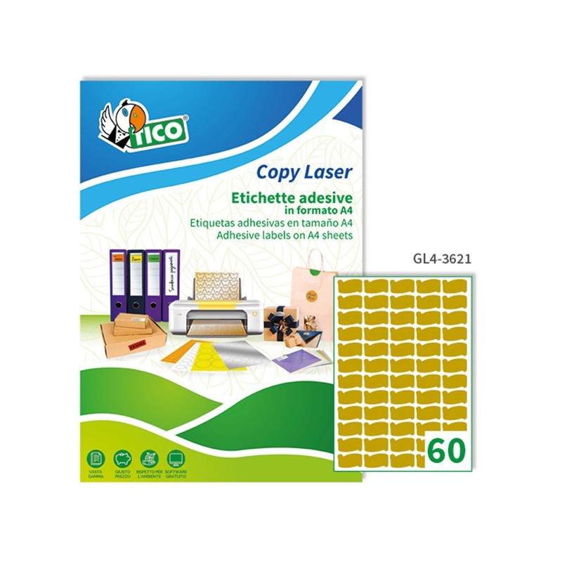 Etichette adesive sagomate GL4 in carta permanenti 36 x 21 mm 60 et/fg 100 fogli oro satinato Tico