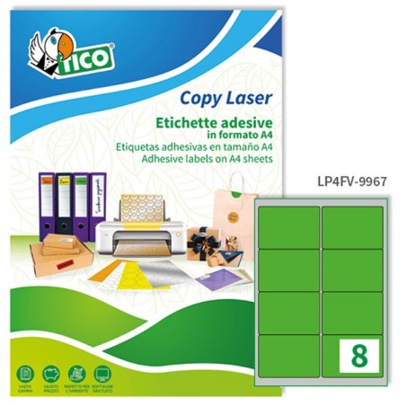 Etichette adesive LP4F in carta angoli arrotondati permanenti 99,1 x 67,7 mm 8 et/fg 70 fogli verde fluo Tico