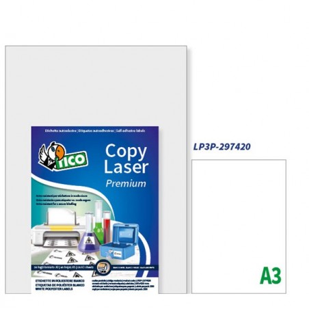 Etichette adesive LP3P in PE laser permanenti 297 x 420 mm 1 et/fg 250 fogli bianco Tico