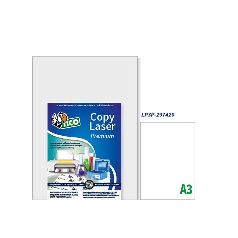 Etichette adesive LP3P in PE laser permanenti 297 x 420 mm 1 et/fg 250 fogli bianco Tico