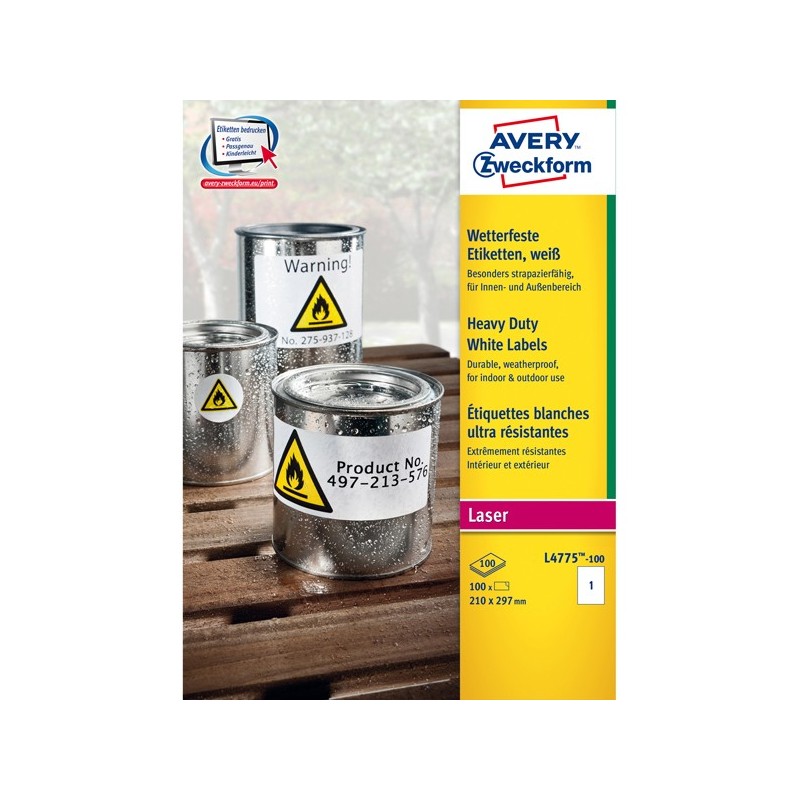 Etichette adesive L4775 in PE laser permanenti 210 x 297 mm 1 et/fg 100 fogli bianco Avery
