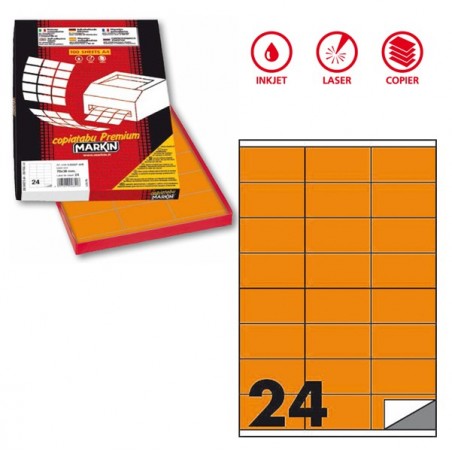 Etichette adesive C/500 in carta permanenti 70 x 36 mm 24 et/fg 100 fogli arancio fluo Markin