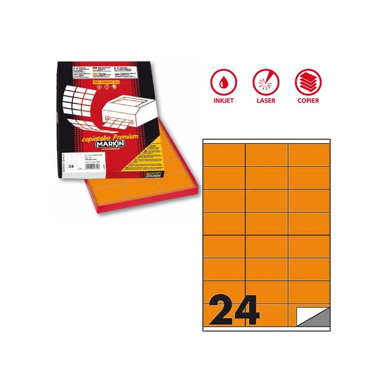 Etichette adesive C/500 in carta permanenti 70 x 36 mm 24 et/fg 100 fogli arancio fluo Markin