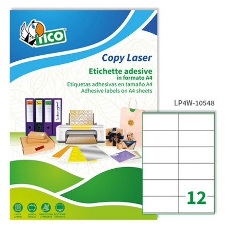 Etichette adesive LP4W in carta con margini laser permanenti 105 x 48 mm 12 et/fg 100 fogli bianco Tico