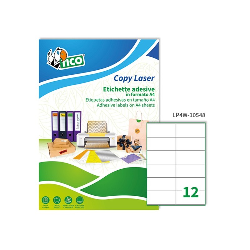 Etichette adesive LP4W in carta con margini laser permanenti 105 x 48 mm 12 et/fg 100 fogli bianco Tico
