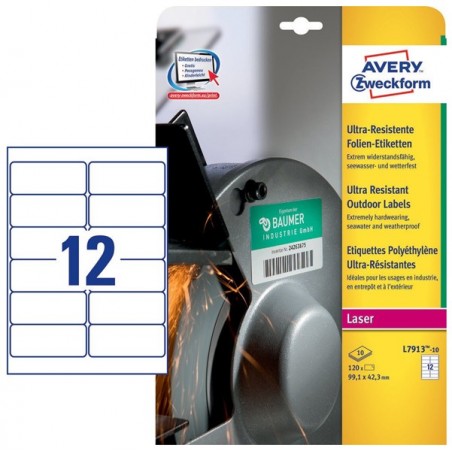 Etichette adesive extra resistenti in PE laser 99,1 x 42,3 mm 12 et/fg 10 fogli bianco Avery