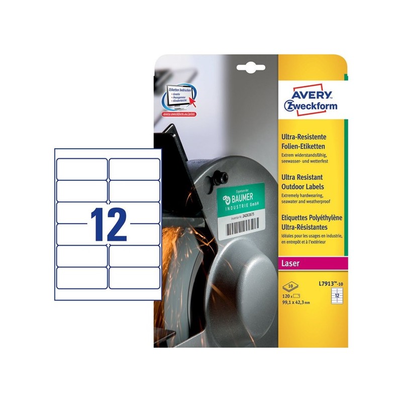 Etichette adesive extra resistenti in PE laser 99,1 x 42,3 mm 12 et/fg 10 fogli bianco Avery