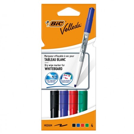 Pennarello Whiteboard Marker Velleda 1741 punta tonda 1,4 mm colori assortiti Bic astuccio 4 pezzi